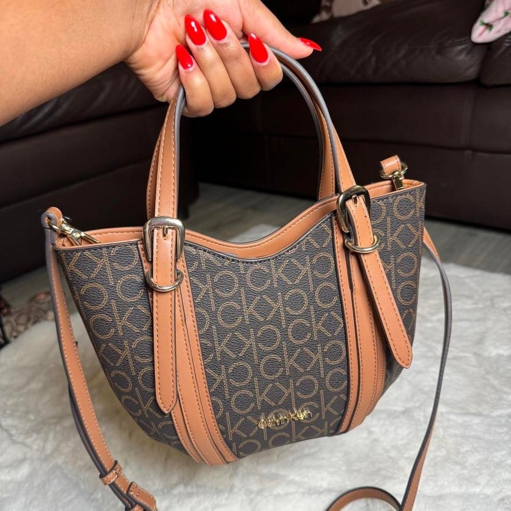 Calvin Klein Brown Monogram Crossbody Bag Tan Trim Buckle Accent Satchel NWT